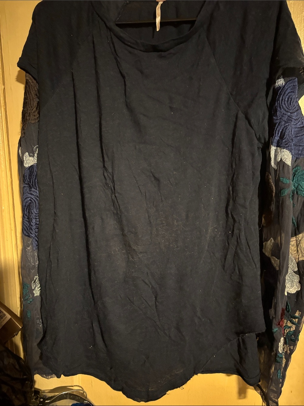 Woman’s navy blue long Sleeve Shirt with Embroidered Sheer Sleeves loose fit